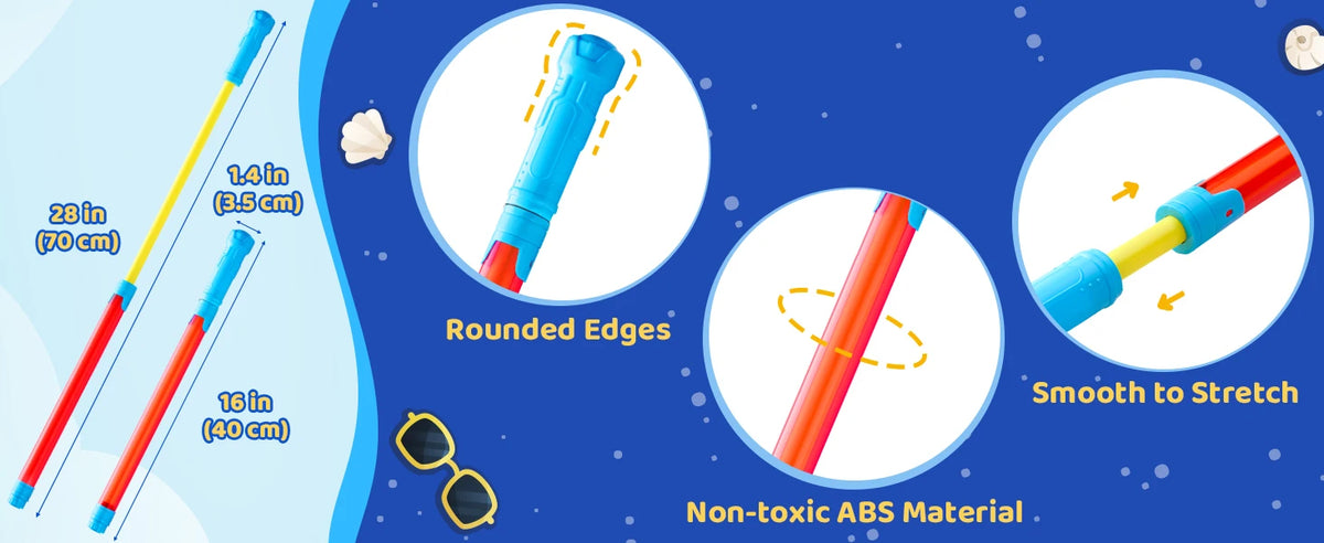 Illustration showing long range water blaster squirt guns with rounded edges, smooth to stretch features, and made from non-t