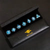 A black box containing a set of mini planet polyhedral dice.