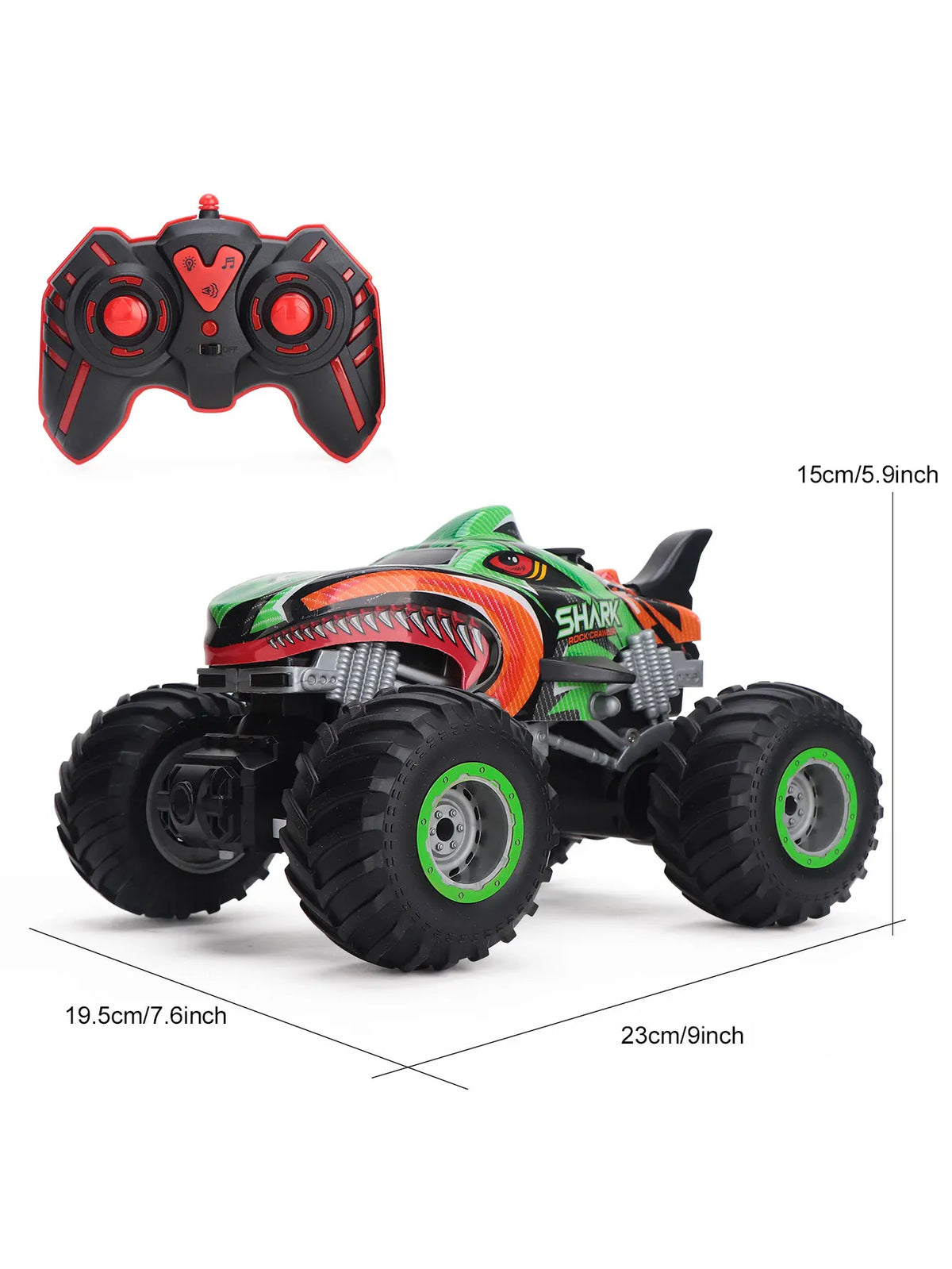 A green and orange All-Terrain RC monster truck with large tires and a remote control transmitter.