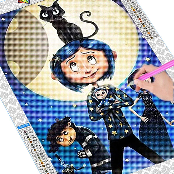 Diamond painting kit featuring a family portrait of a woman and a child with a black cat.