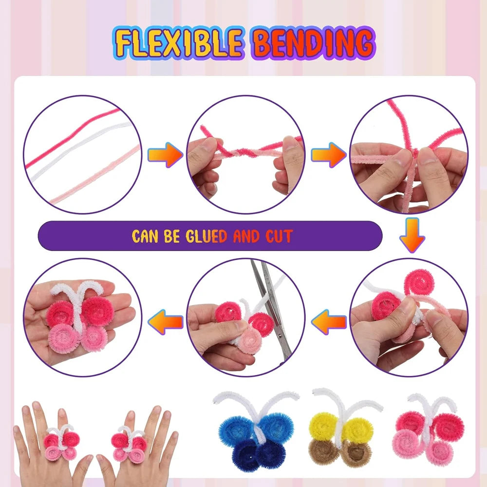 Multicolor chenille stem pipe cleaners used for flexible bending crafts and DIY projects