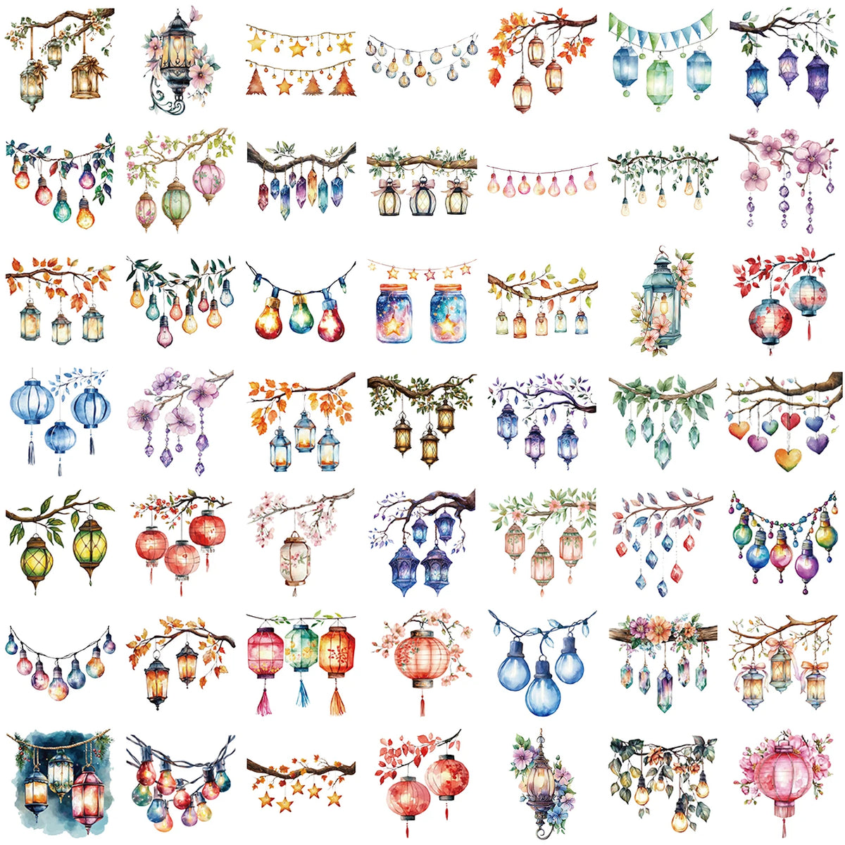 A collection of colorful lantern designs and illustrations suitable for PET stickers, decals, and crafts.