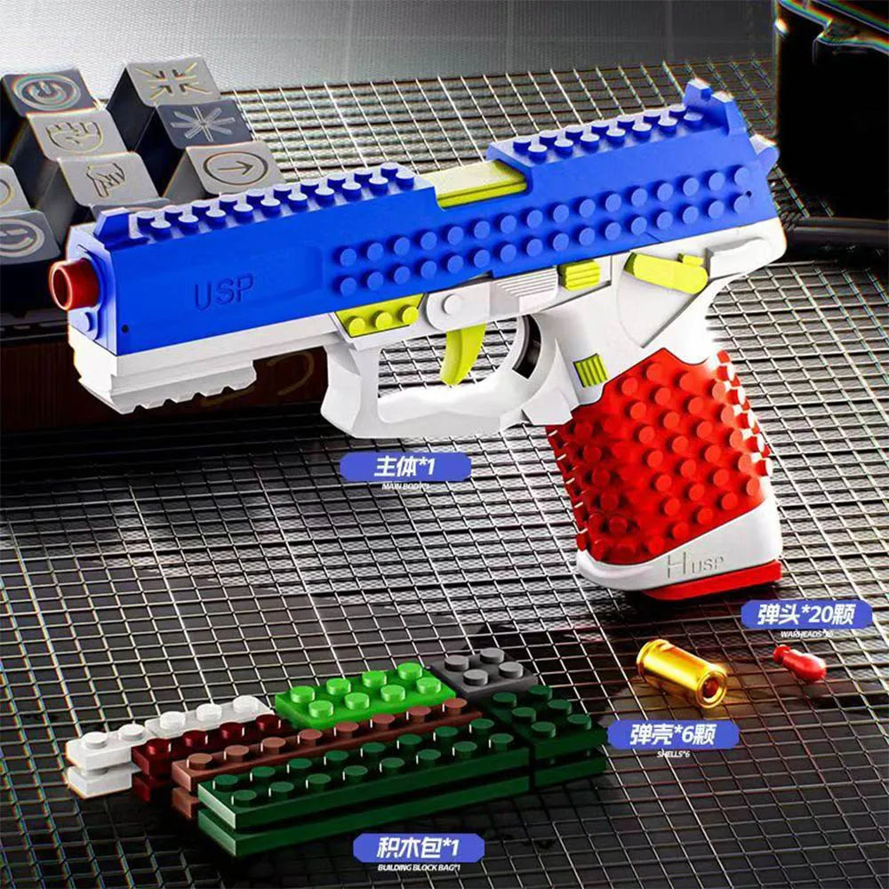 A blue and white toy gun model built from LEGO bricks, displayed on a grid background.
