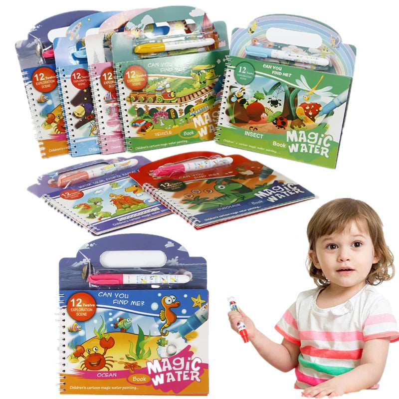 A set of reusable Magic Water Painting Books for toddlers featuring insects and ocean themes.