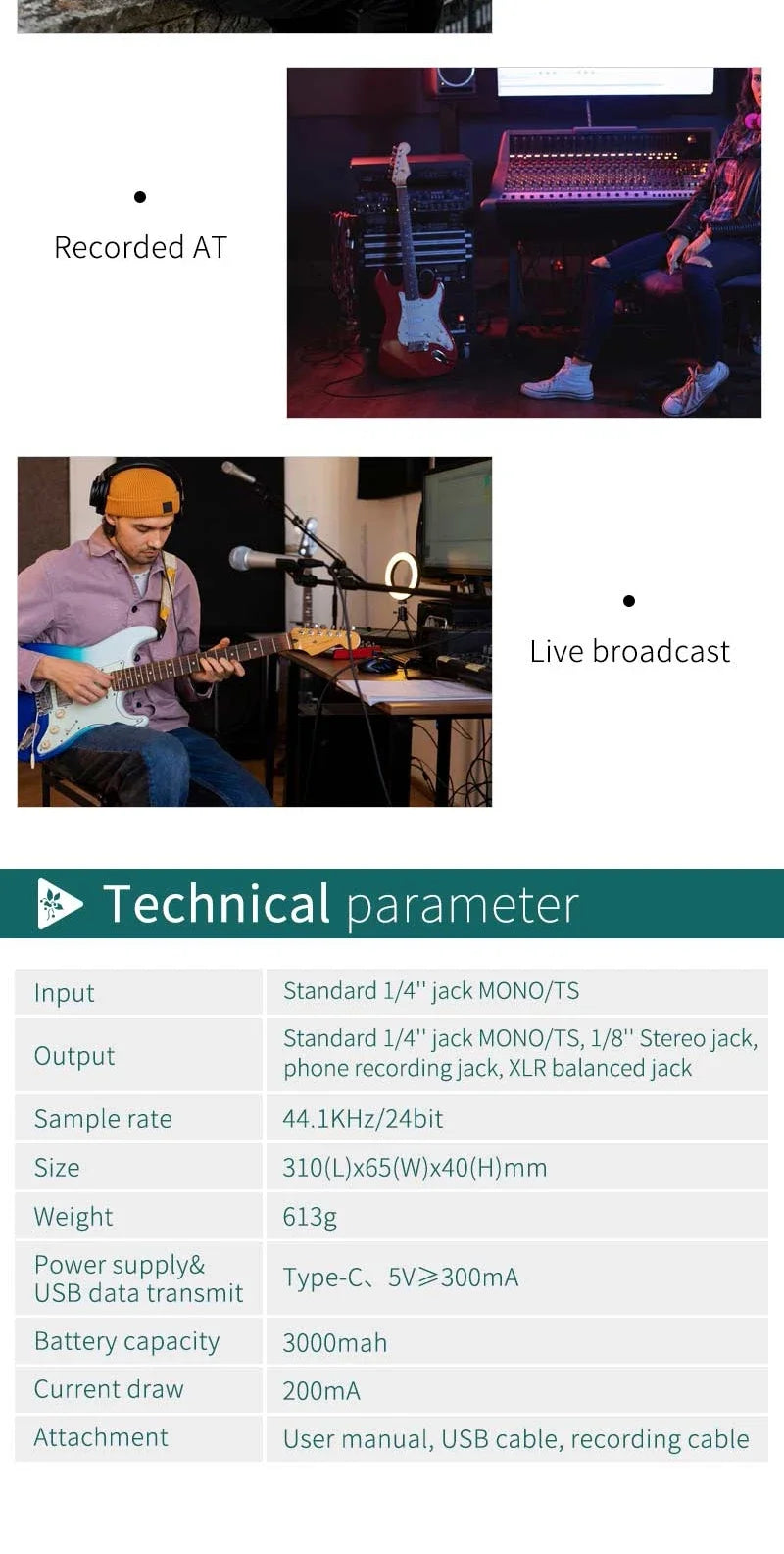 A multi-effects guitar pedal setup showing a guitar, amplifier, and various technical parameters.