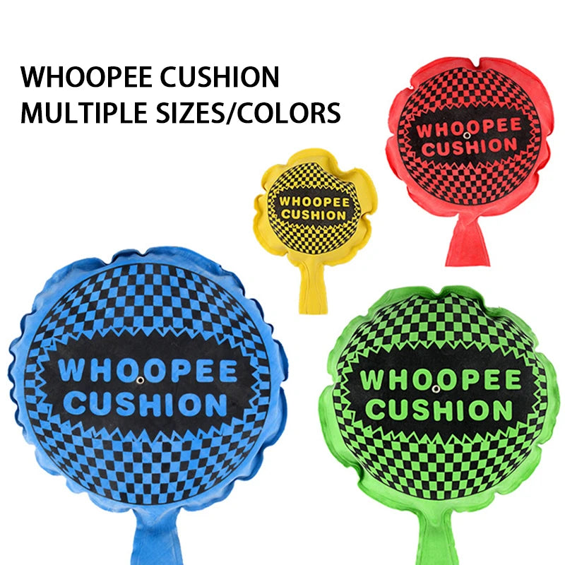 Various sizes and colors of Whoopee cushions displayed on a white background.