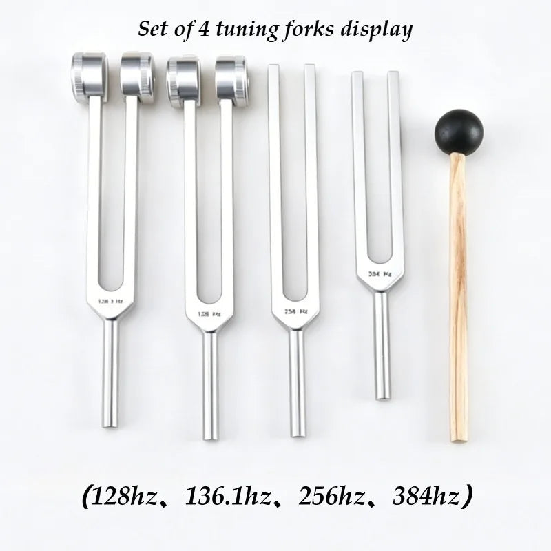 Set of four tuning forks displaying different frequencies: 128hz, 136.1hz, 256hz, and 384hz.