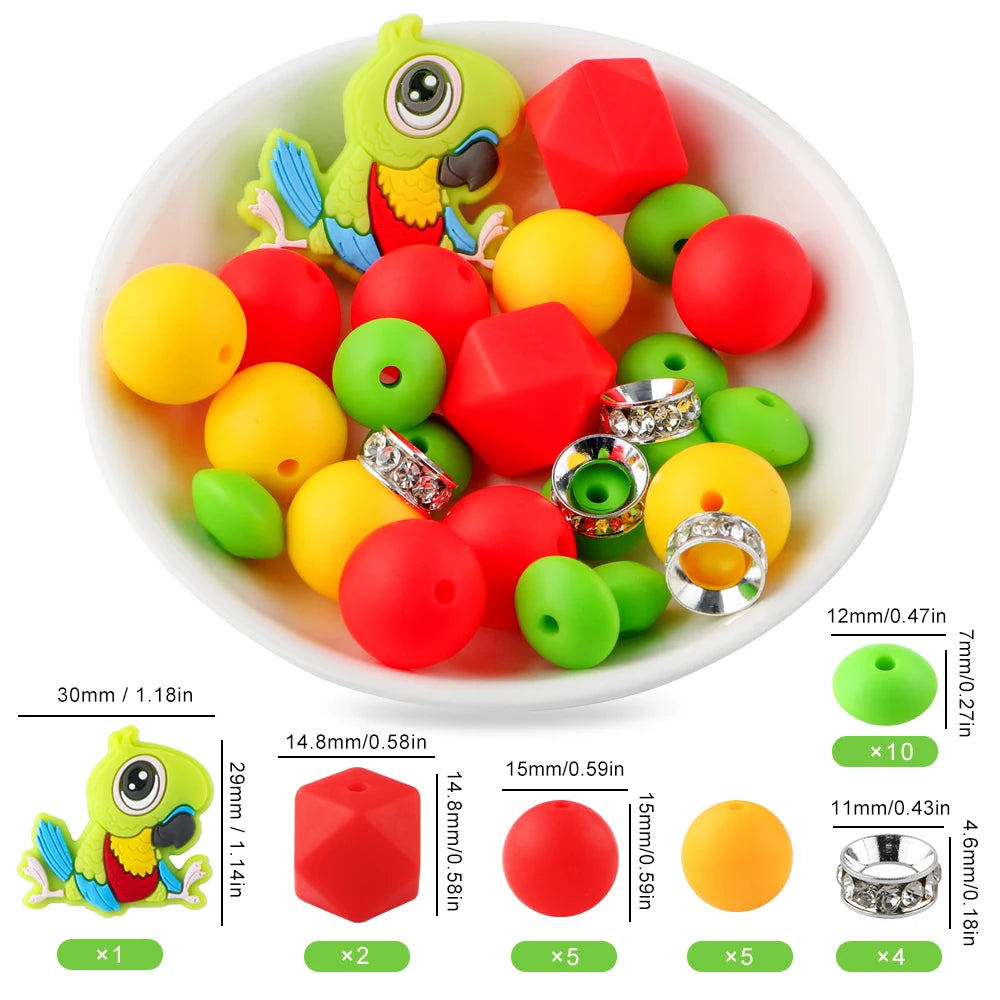A white bowl filled with various colored silicone beads shaped like cartoon animals for DIY jewelry making