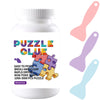 A white bottle of Puzzle Glue with a pink lid and a label showing puzzle pieces.