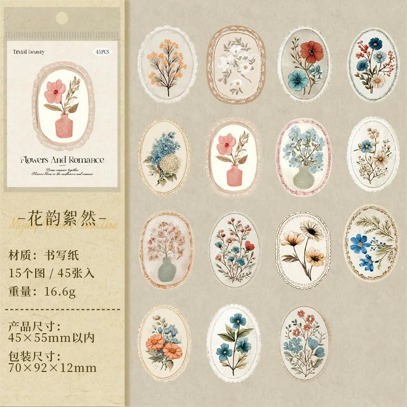 A sheet of vintage floral stickers featuring various flowers and botanicals for scrapbooking and journaling.