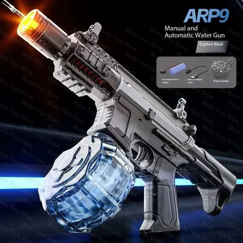 ARP9 Manual and Automatic Water Gun with a clear blue water blaster accessory