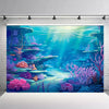 A vibrant underwater scene featuring colorful coral, marine plants, and glowing bubbles for a party backdrop.