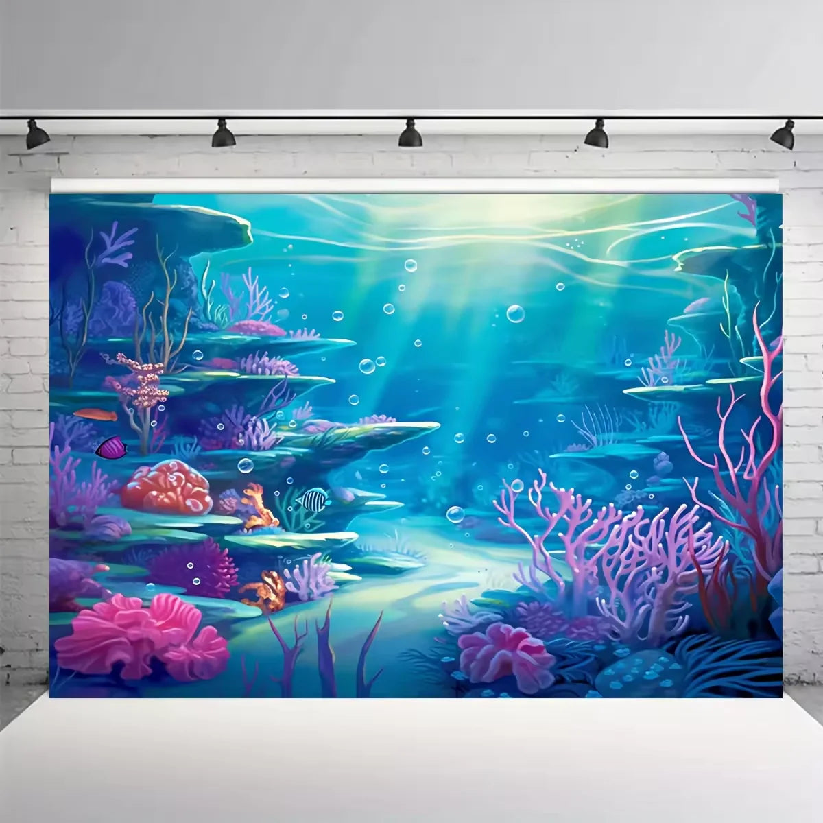 A vibrant underwater scene featuring colorful coral, marine plants, and glowing bubbles for a party backdrop.