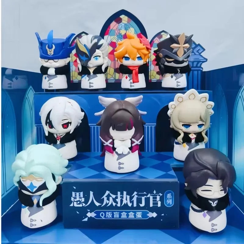 A collection of chibi figurines depicting Fatui Harbingers in various poses and outfits.