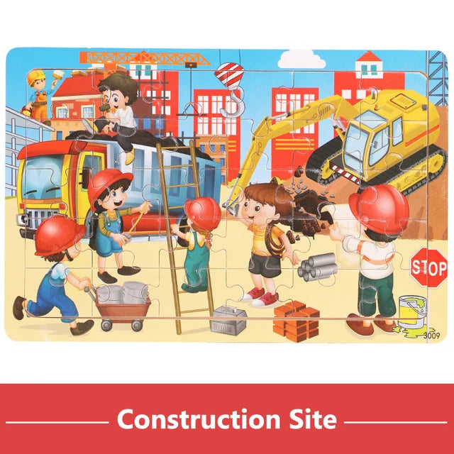 A wooden jigsaw puzzle set depicting a construction site with workers, machinery, and buildings.