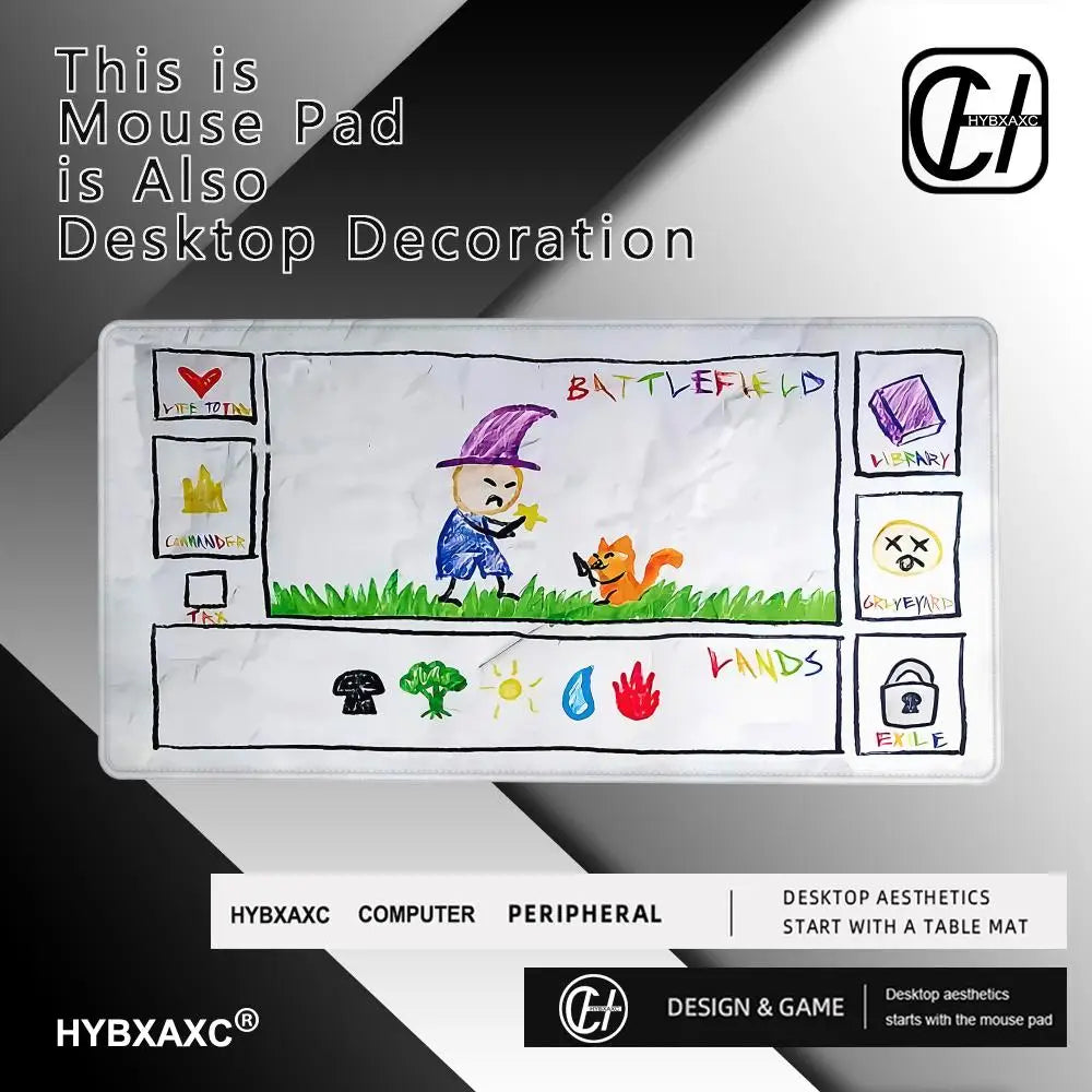A white mouse pad featuring a hand-drawn battlefield scene with a wizard, a lion, and various icons.
