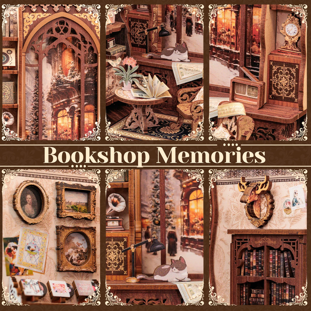 A collection of miniature bookshop memories featuring detailed scenes, antique books, and decorative elements.