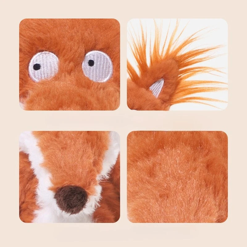 A set of four images showing different angles and close-ups of an adorable orange fox plushie.