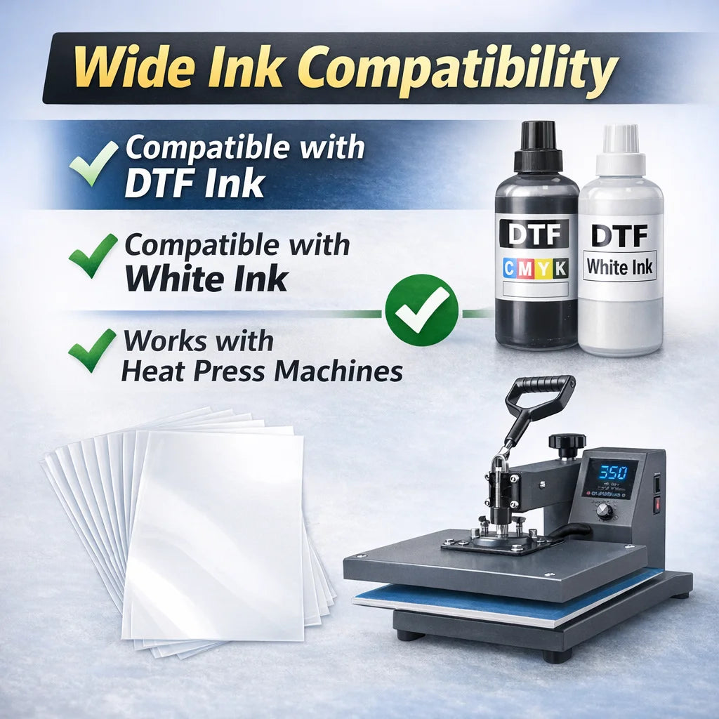 DTF ink compatibility and heat press machine usage demonstration with transfer film sheets