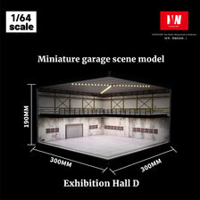 A miniature garage scene model of an exhibition hall with a roof and display area.