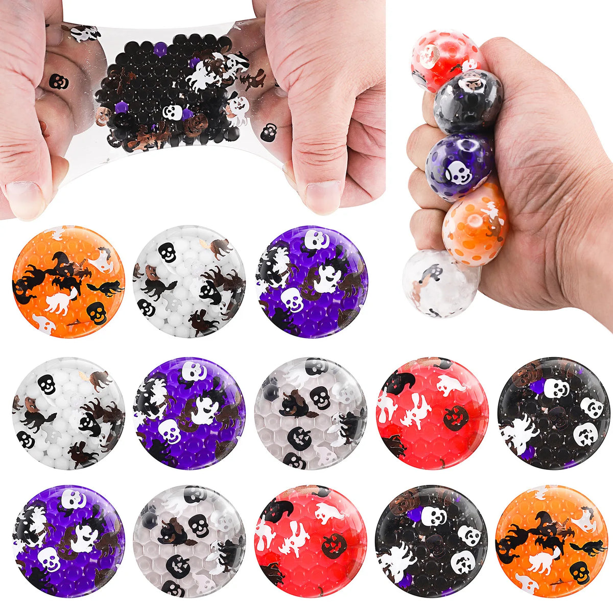 A collection of squishy stress balls featuring Halloween themes like pumpkins, ghosts, and skulls in various colors.