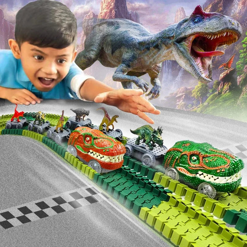 A dinosaur train track set featuring various dinosaurs and a mist-spouting volcano on a gray track.
