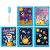 A set of colorful pages from a magic water coloring book featuring various space and fantasy characters.