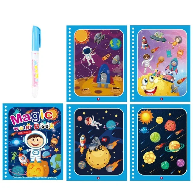 A set of colorful pages from a magic water coloring book featuring various space and fantasy characters.
