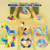 Colorful magic snake cube 3D puzzle fidget toy arranged in various shapes and colors.
