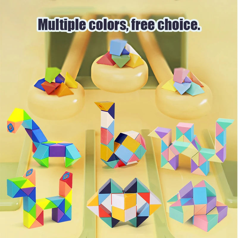 Colorful magic snake cube 3D puzzle fidget toy arranged in various shapes and colors.