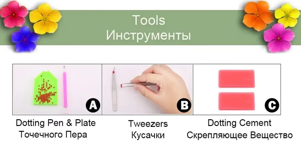 Tools for diamond painting including a dotting pen, tweezers, and dotting cement.