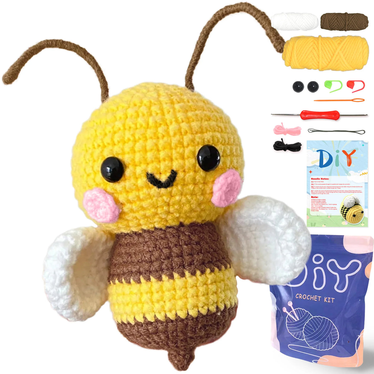 A yellow and brown crochet kit featuring an amigurumi bee with wings and yarn supplies.