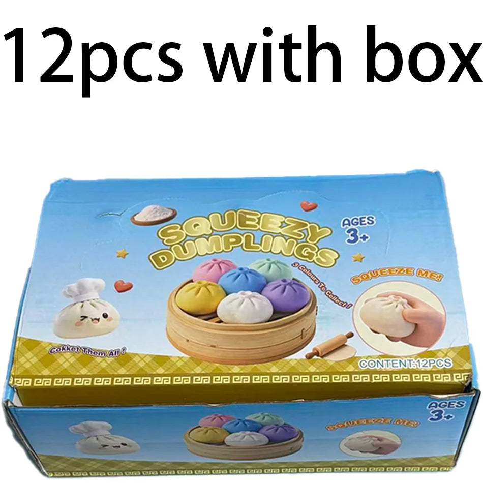 A box containing 12 pieces of colorful glitter dumpling squishy toys for ages 3 and up
