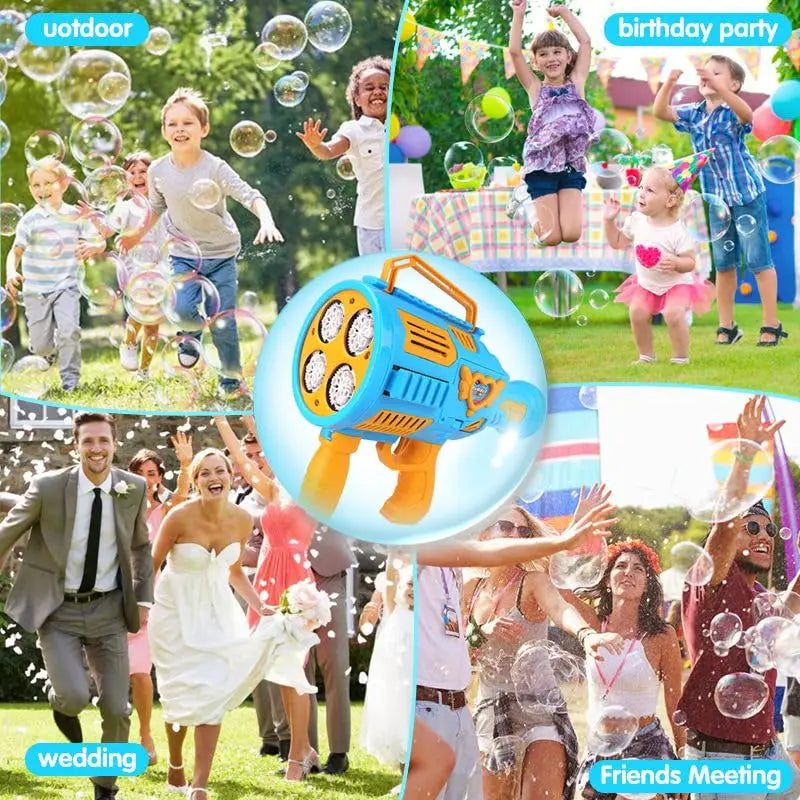 A collage of various birthday party scenes featuring children and adults playing with a rechargeable bubble blaster.