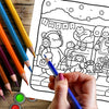 A hand holds a blue colored pencil drawing on an adult coloring book page featuring a cat and bear.