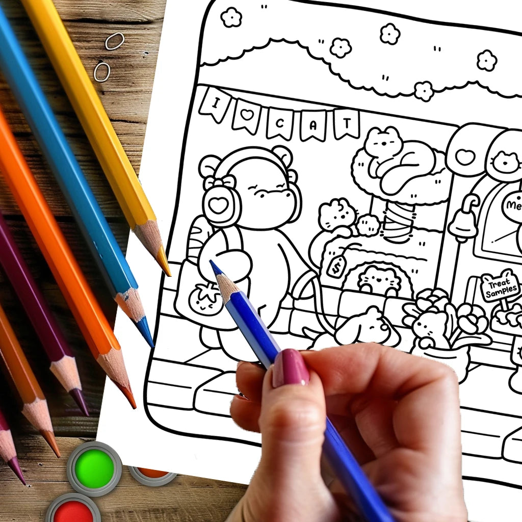 A hand holds a blue colored pencil drawing on an adult coloring book page featuring a cat and bear.