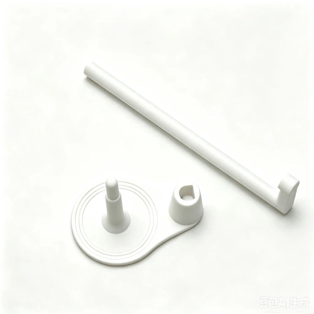 A white vertical sewing machine spool holder with an anti-tangle thread guide shown from the side.