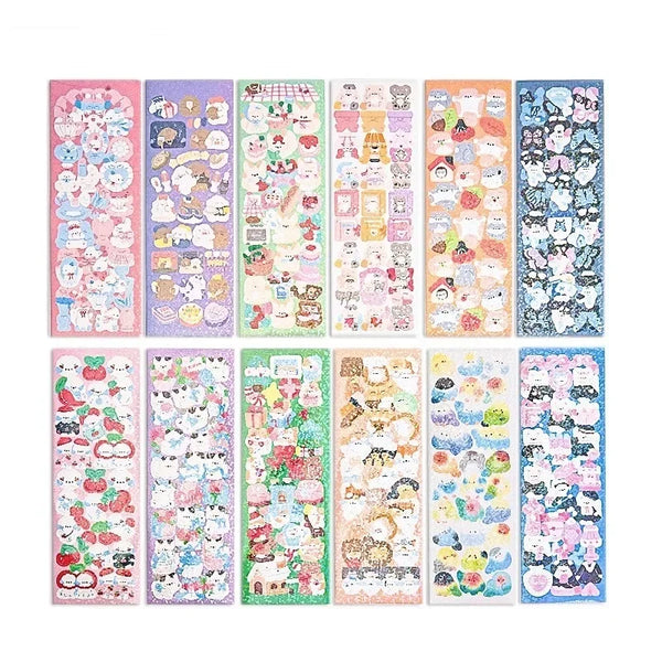 A collection of colorful cute cartoon animal stickers arranged in a grid.