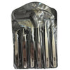 A clear plastic pouch containing a 6-piece stainless steel precision tweezers set with straight and bent tips.