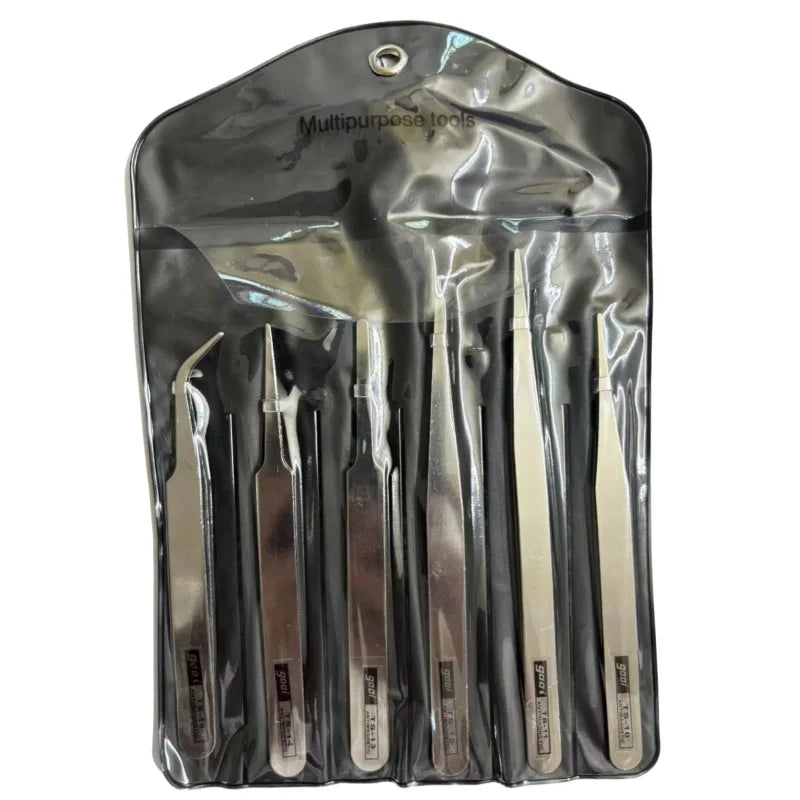 A clear plastic pouch containing a 6-piece stainless steel precision tweezers set with straight and bent tips.
