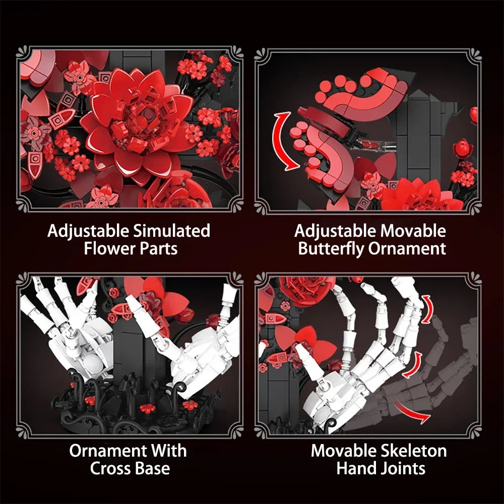 A set of gothic skeleton hand joints and rose ornaments with an adjustable movable butterfly ornament.