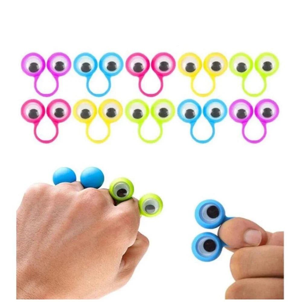A set of ten finger puppet toys in various colors and shapes arranged in a row.