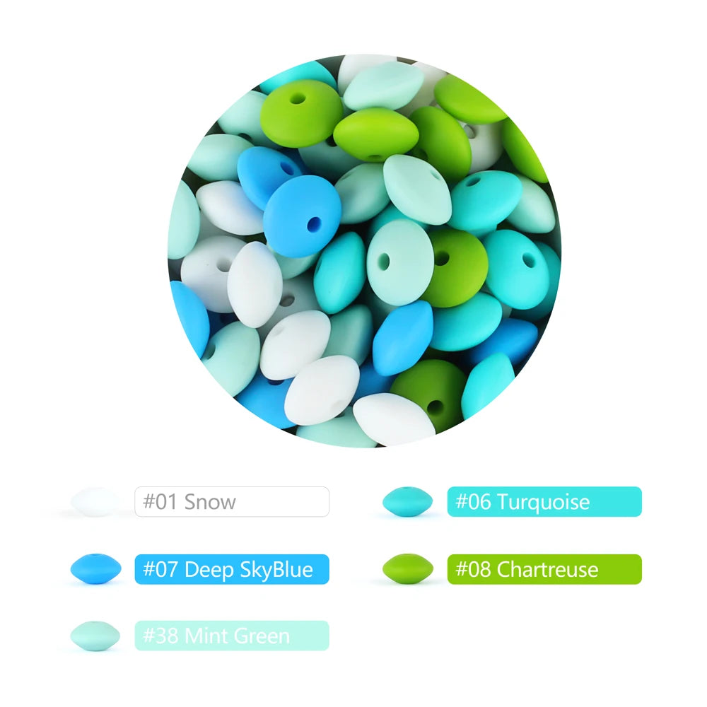 A circular arrangement of various silicone lentil beads in shades of green, blue, and white.