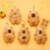 Four fluffy brown bear plush keychains are displayed on a yellow background with star accents.