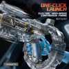 A close-up of an electric high-speed continuous firing water gun product with a blue hand gripping the device.