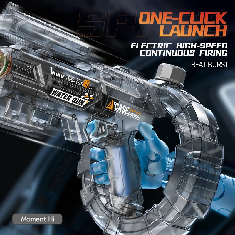 A close-up of an electric high-speed continuous firing water gun product with a blue hand gripping the device.