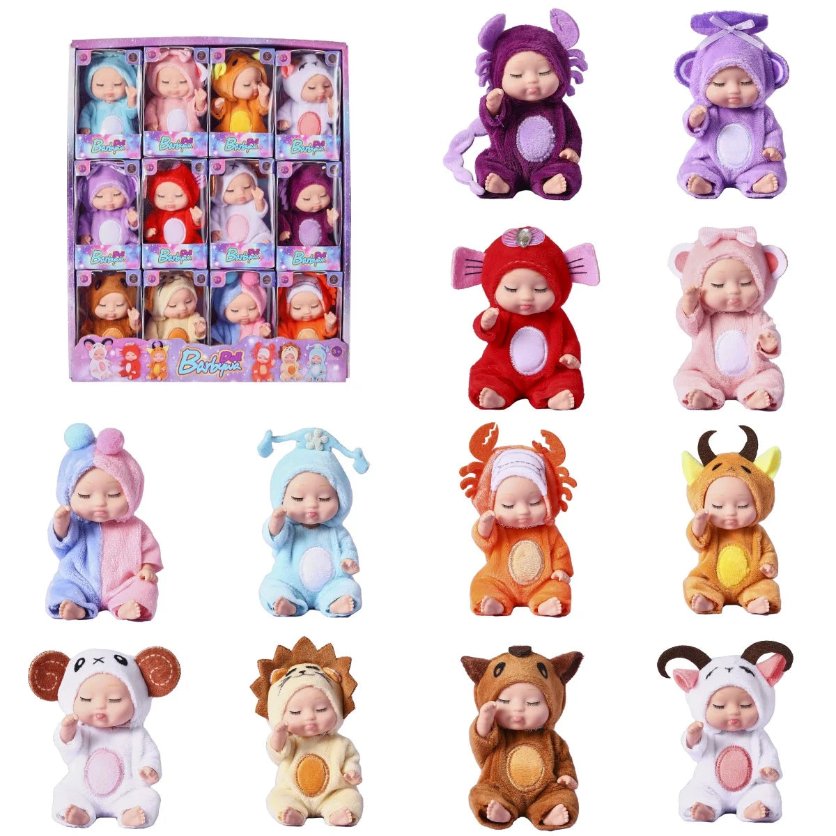 A collection of realistic mini reborn baby dolls in various outfits and poses.