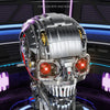 A detailed mechanical skeleton head building kit with LED lights is displayed against a dark, futuristic background.