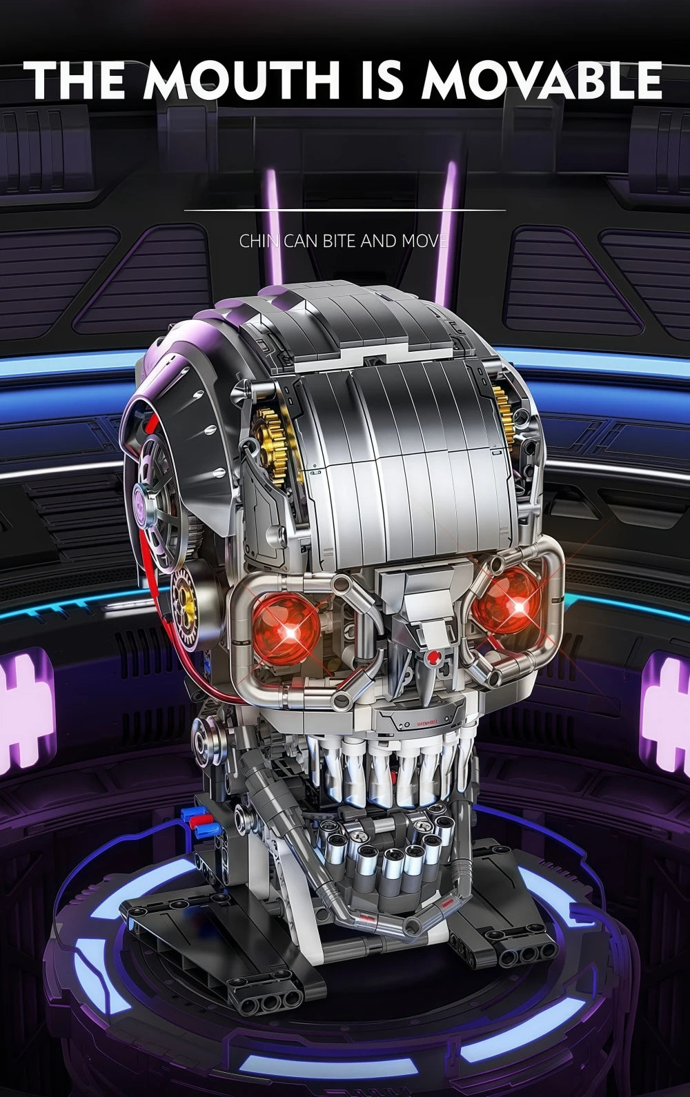 A detailed mechanical skeleton head building kit with LED lights is displayed against a dark, futuristic background.