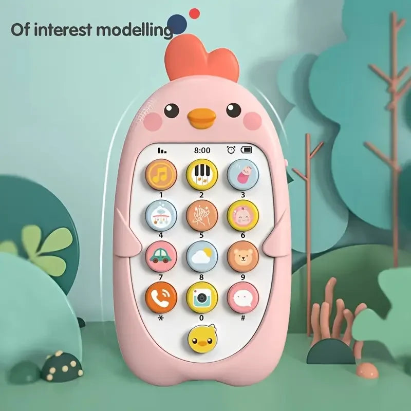 A pink, egg-shaped interactive toy resembling a chicken with various buttons and puzzle elements for toddlers.